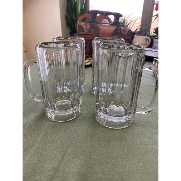Set Of 4 Glass VINTAGE Paneled Beer Mugs Glasses Heavy Handles Libbey - Picture 4 of 4